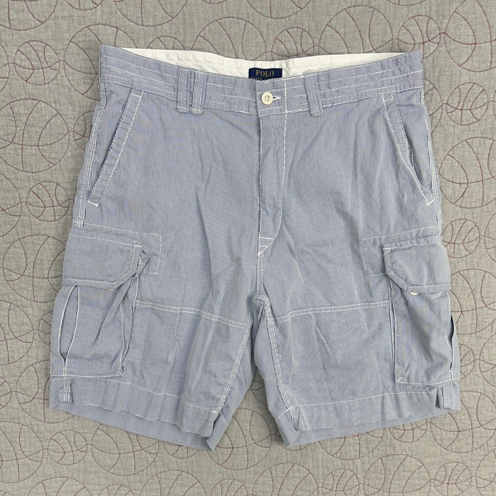 Polo Ralph LaurenBaggy Cargo Shorts Blue White Seersucker Stripe / Mens 38